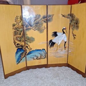 Vintage Asian Tabletop Folding Screen w/ Crane & Pine Tree Motif - 4-Panel Decor